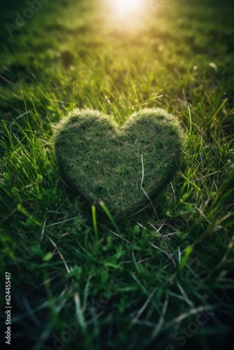 Heart shaped stone on green meadow