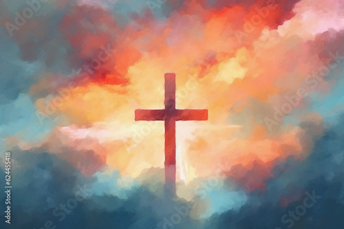 Illustration of Christian cross against clouds, representation of faith. Generative Ai. © MAXSHOT_PL