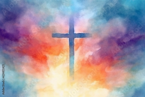 Christian cross against blue clouds, a symbol of faith. Generative Ai.