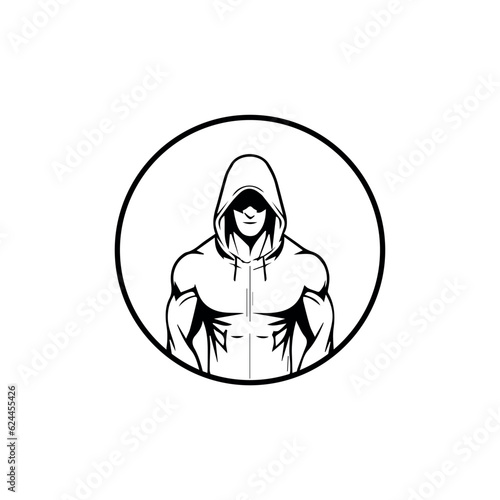 Strong man with a hood on white background