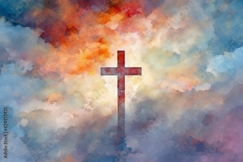 Symbol of faith, Christian cross before clouds. Generative Ai.