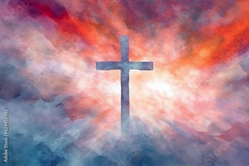 Mark of faith in Jesus, Christian cross on a cloudy backdrop. Generative Ai.