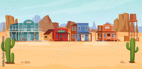 Buildings in the style of the wild west. Old wooden houses of different types in the wild west. Living and daily life of cowboys in the countryside. Vector illustration