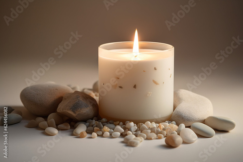 Product photography, photo of one white candle on a clean background with pastel colors, created with Generative AI