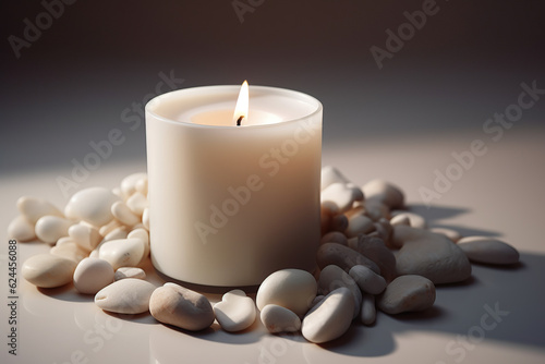 Product photography, photo of one white candle on a clean background with pastel colors, created with Generative AI
