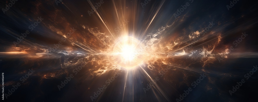 Space. Stars, universe, flashes of light. Sun. The glow of space. ExplosionAI generation.