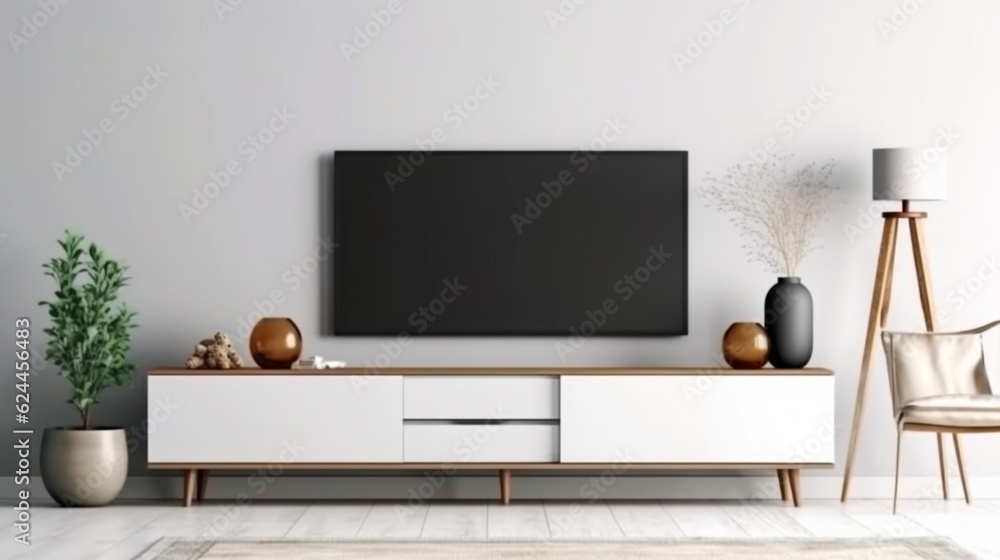 Mock up white wall background, modern living room decor with a tv cabinet. Generative AI.