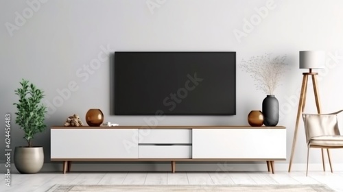 Mock up white wall background, modern living room decor with a tv cabinet. Generative AI. © Newton