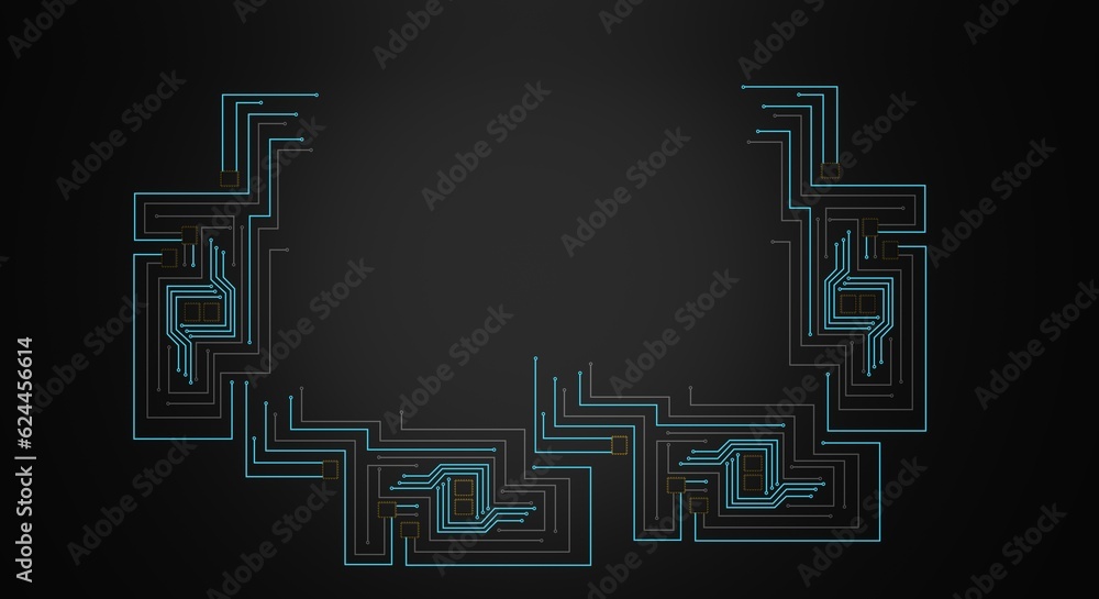 Integrated circuit, board with circuits, data processing, data trail, technology flyer, computing banner (3d illustration) Integrated circuit, board with circuits, data processing, data trail, technology flyer, computing banner (3d illustration)