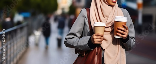 Rear View Cheerful Muslim female entrepreneur in hijab and with takeaway coffee standing in street. Generative AI