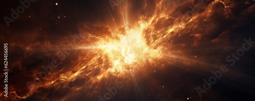 Space. Stars, universe, flashes of light. Sun. The glow of space. ExplosionAI generation.