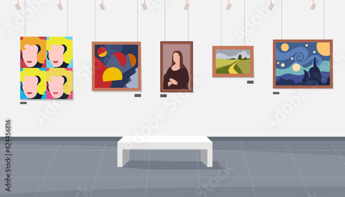 Art Gallery. Exhibition of famous paintings. Creative leisure activities. Vector illustration
