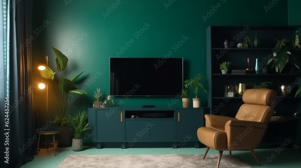 Modern interior of living room with armchair and cabinet for tv on dark green color wall background. Generative AI.