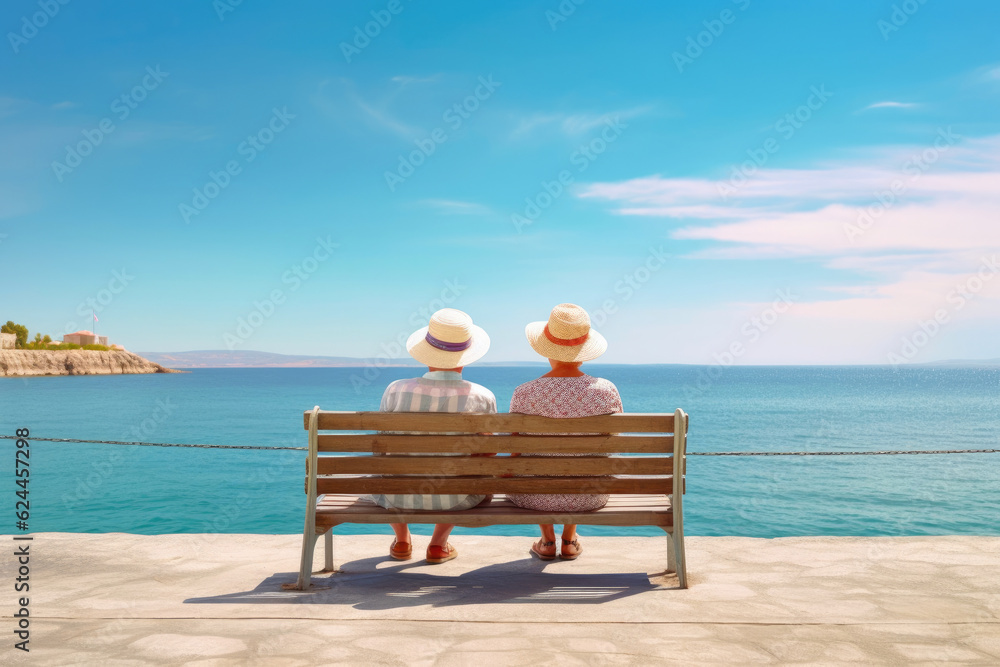 Elderly lovebirds enjoying a sunny seaside retreat. Generative AI