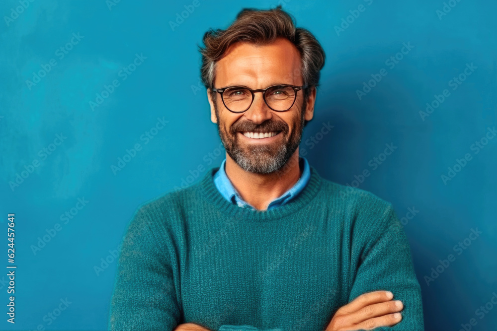 Bearded man in a casual sweater and glasses radiates positivity. Generative AI Bearded man in a casual sweater and glasses radiates positivity. Generative AI