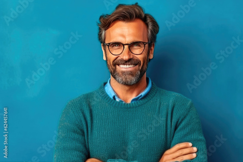 Bearded man in a casual sweater and glasses radiates positivity. Generative AI