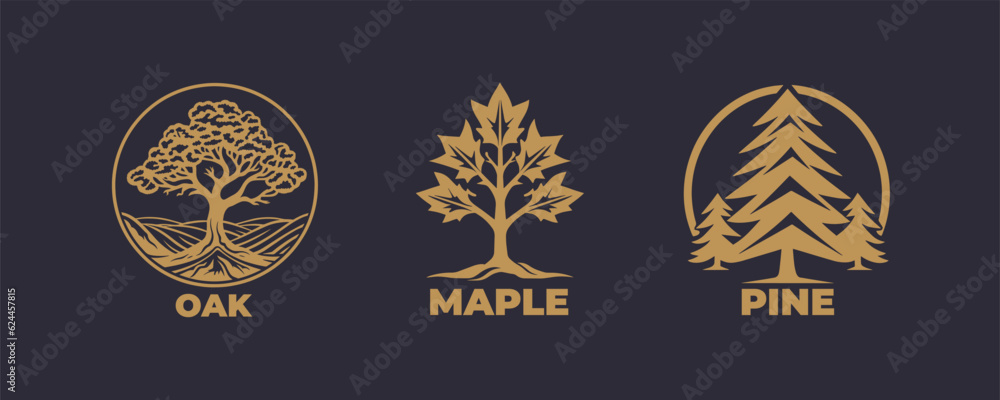Tree logo icon set design. Garden plant natural symbols template. Tree of life branch with leaves business sign collection.