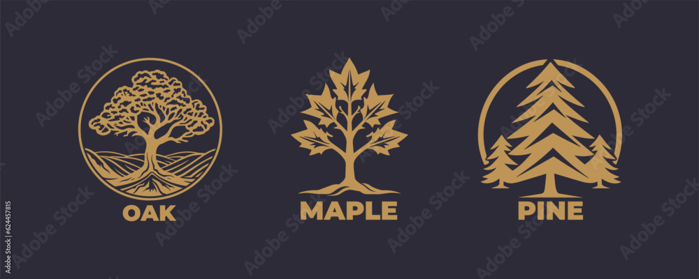 Tree logo icon set design. Garden plant natural symbols template. Tree of life branch with leaves business sign collection. Tree logo icon set design. Garden plant natural symbols template. Tree of life branch with leaves business sign collection.