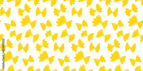 Farfalle pasta seamless pattern, yellow butterflies on white background. Vectore restaurant background.