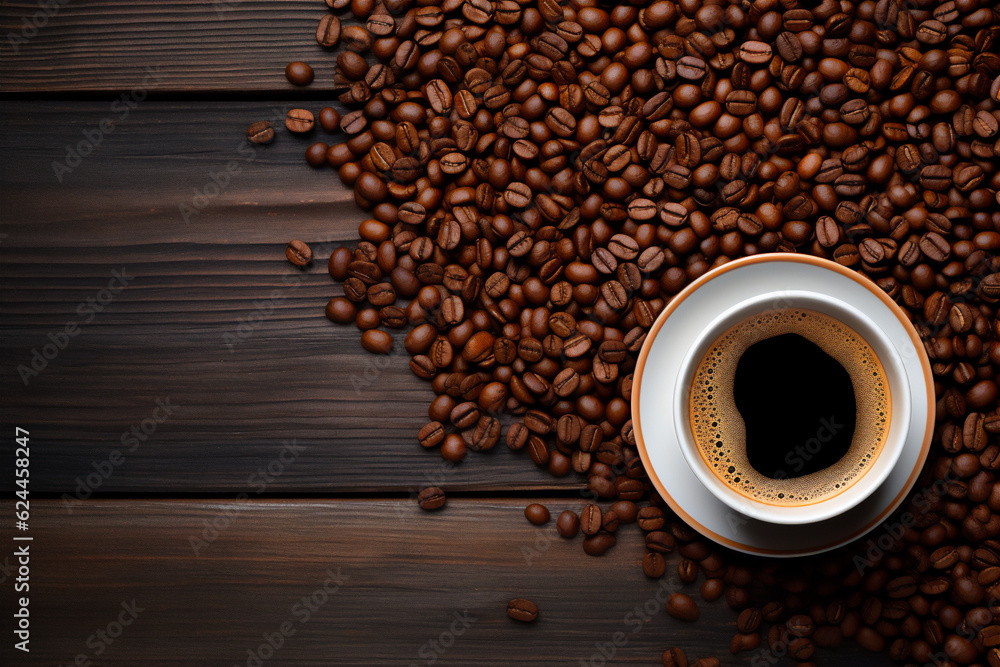 International Coffee Day - Beautiful Cup of Black Coffee with Coffee Beans on wooden table International Coffee Day - Beautiful Cup of Black Coffee with Coffee Beans on wooden table