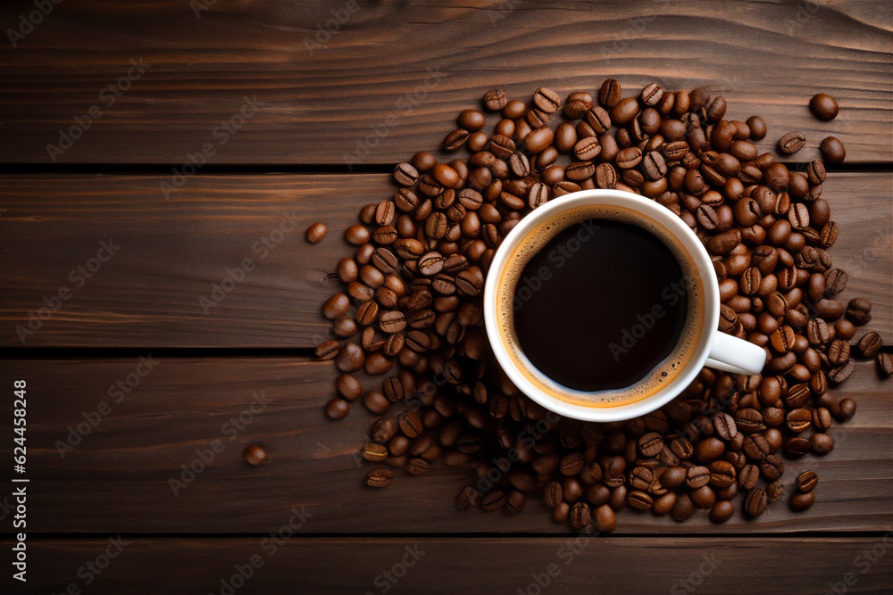 International Coffee Day - Beautiful Cup of Black Coffee with Coffee Beans on wooden table International Coffee Day - Beautiful Cup of Black Coffee with Coffee Beans on wooden table