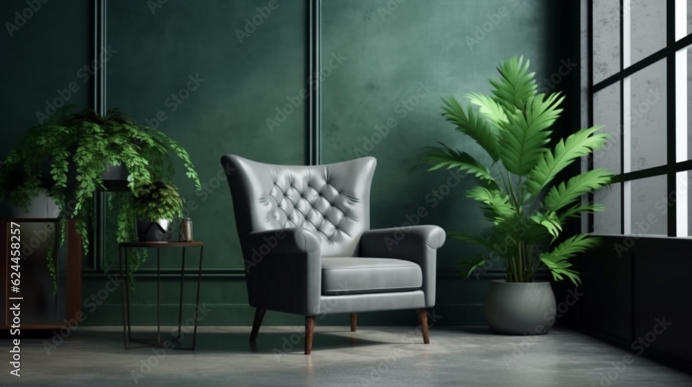 Style loft interior with gray armchair on empty dark green wall background. Generative AI.