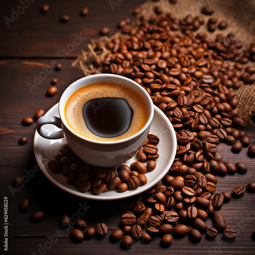 International Coffee Day - Beautiful Cup of Black Coffee with Coffee Beans on wooden table