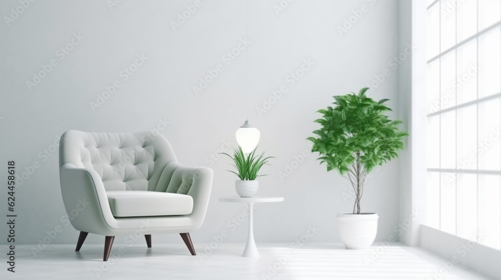White minimalist interior living room has a green armchair on empty white color wall background. Generative AI.