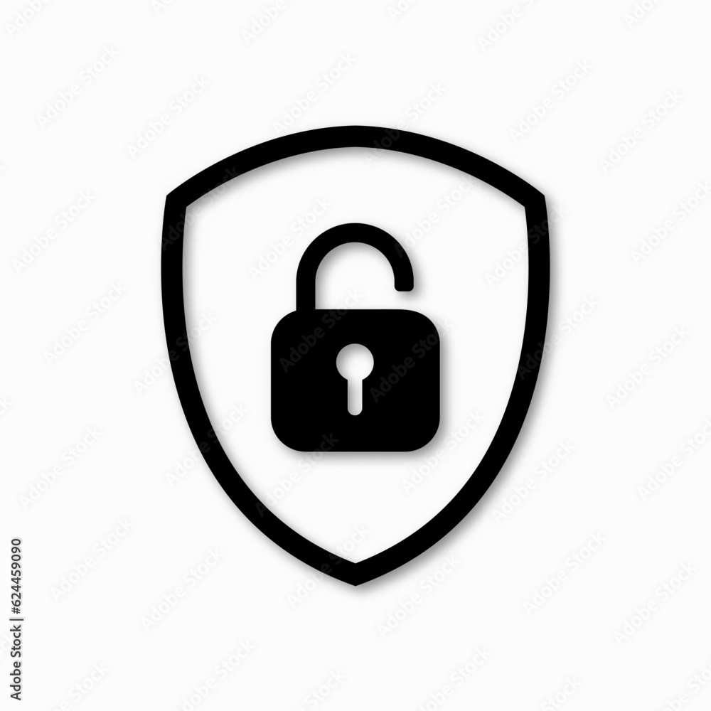 Black shield with unlock padlock icons on a white background. Vector sign illustration.