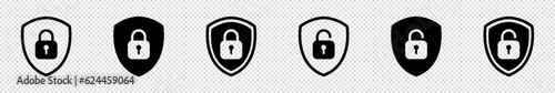 Set of Shield Lock and Unlock Icon. Symbol padlock. Vector sign Illustration.