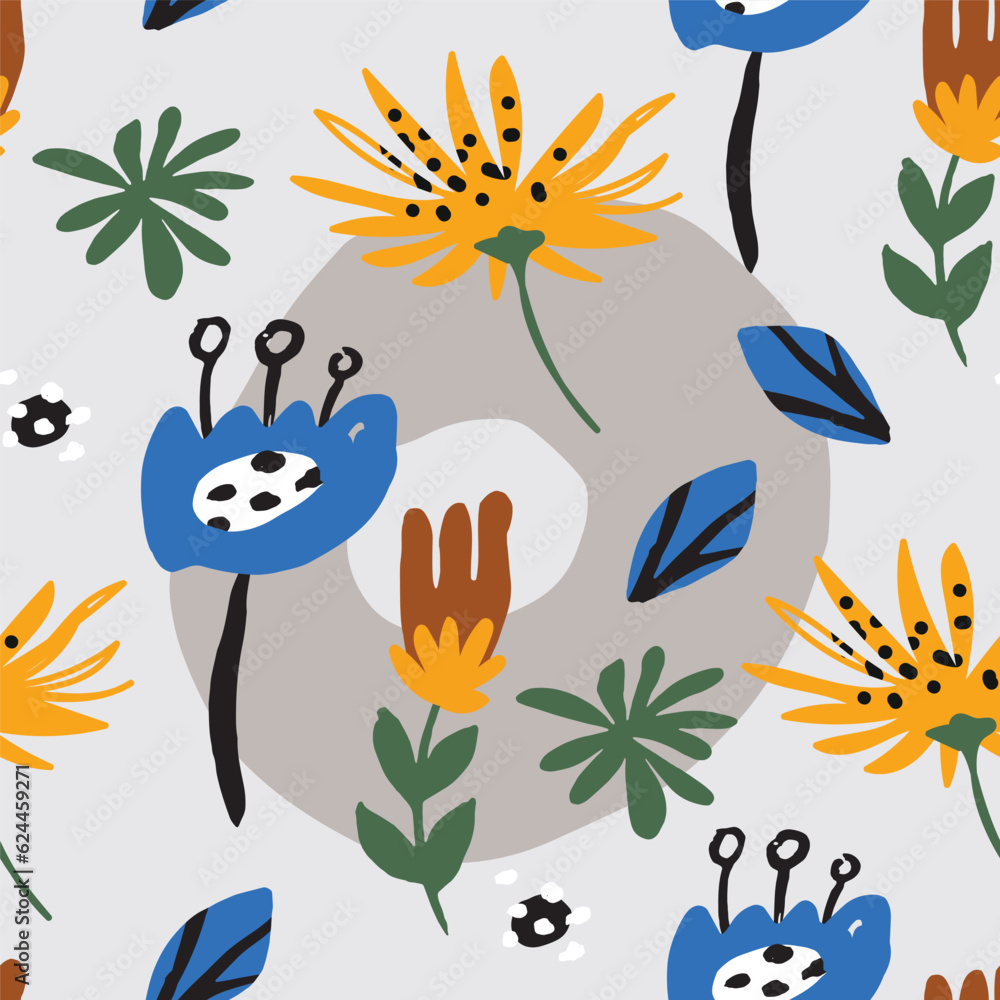 Obraz premium Seamless pattern with bold abstract flowers, hand drawn blossoms and leaves perfect for textiles, wallpaper, pattern fills, web page background, surface textures. Modern bold floral background