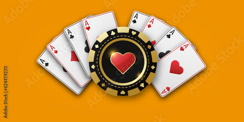 Realistic playing chip with the suit of hearts, gambling tokens. Fans of playing cards ace of all suits. The concept of playing poker or casino. Vector illustration on a orange bg.