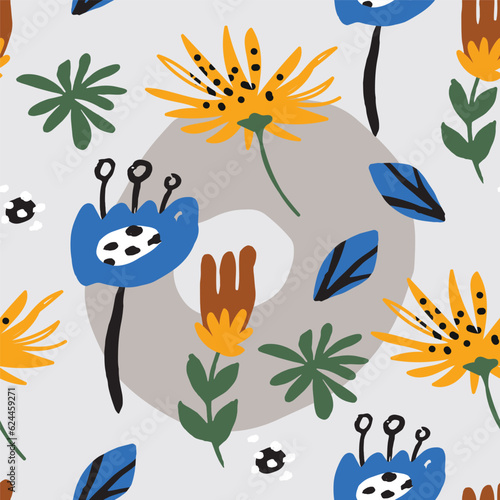 Seamless pattern with bold abstract flowers, hand drawn blossoms and leaves perfect for textiles, wallpaper, pattern fills, web page background, surface textures. Modern bold floral background