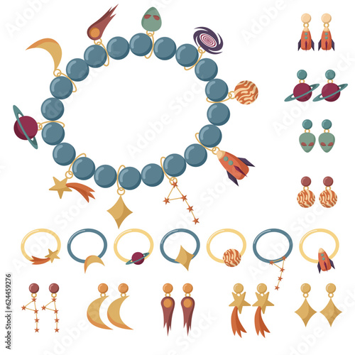 Collection of vector jewelry and children's ornaments. Bracelet made of handmade plastic beads with space-themed pendants. Fashionable colorful rings and earrings. Star, moon, rocket, planet, comet.