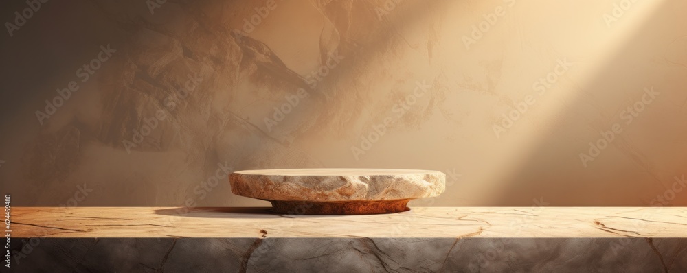 . Stone pedestal. Sunset, light and shadows. Empty space for subject. Rough stone texture..AI generation. AI generation. . Stone pedestal. Sunset, light and shadows. Empty space for subject. Rough stone texture..AI generation. AI generation.