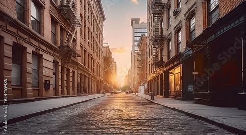 Empty street at sunset time in city street. Generative AI © Gasspoll