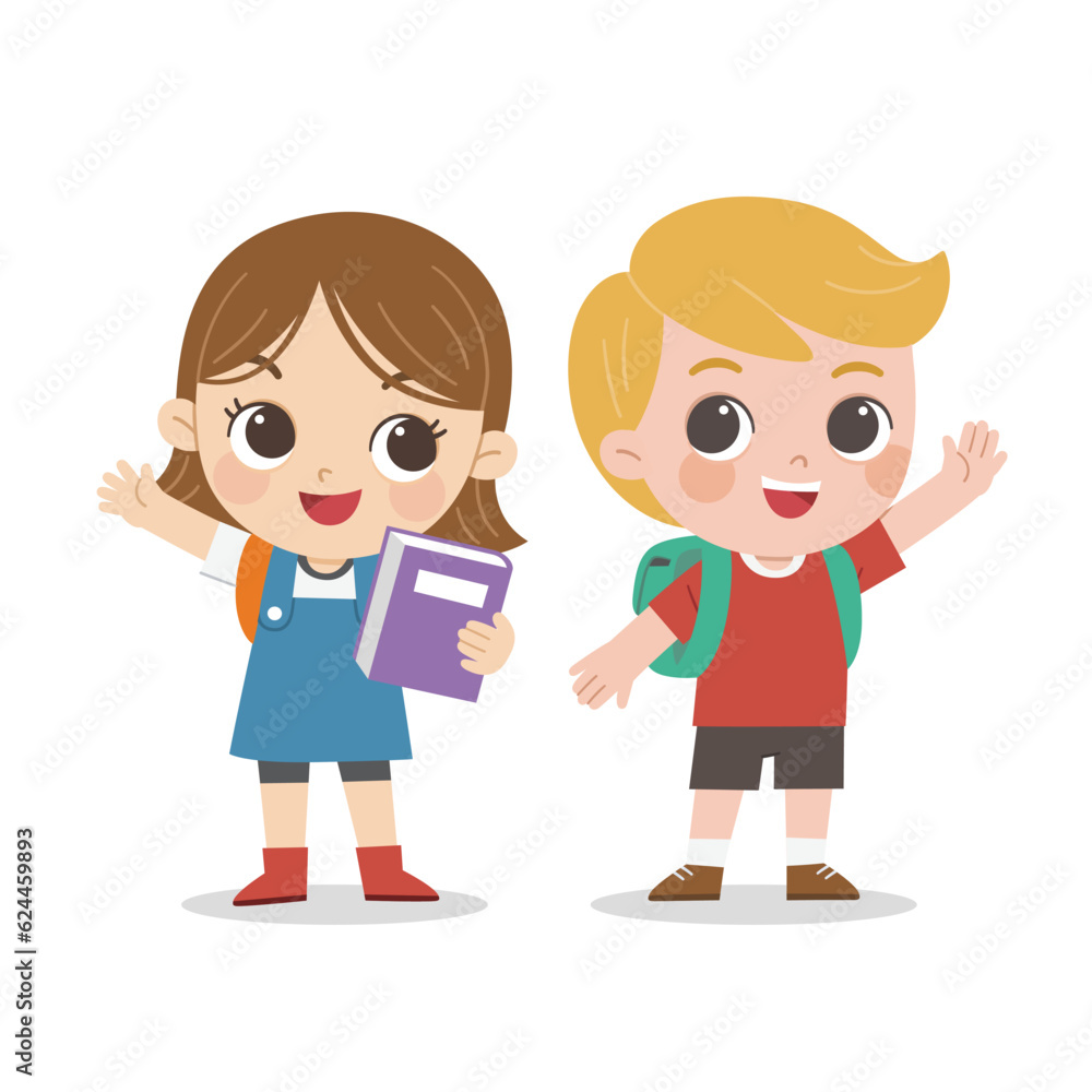 Children waving their hands in greeting. Happy student standing together. Back to school. Children waving their hands in greeting. Happy student standing together. Back to school.