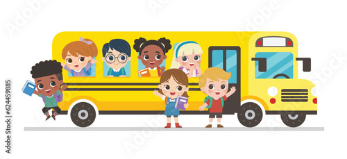Back to School. little kids boy and girl boarding a school bus. Children get on school bus.