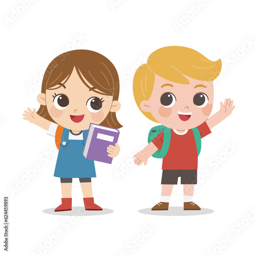 Children waving their hands in greeting. Happy student standing together. Back to school.
