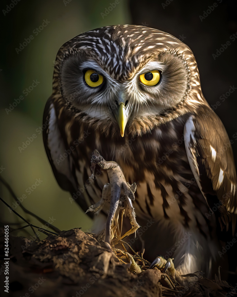 Obraz premium Portrait of a owl with beautiful eyes on tree branch. Amazing Wildlife. Generative Ai