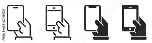 Smartphone in hand icons set. Hand holding smartphone. Smartphone touchscreen tap symbol. Mobile phone line and flat different style icon - stock vector.