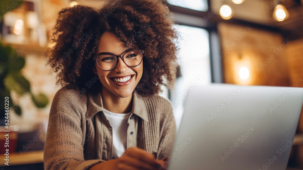Work-Life Balance: Content Woman Excelling at a Coffee Shop. Generative ...