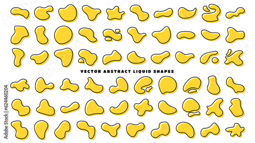 Big set shapes. Outline blob shapes, fluid or liquid round abstract elements. Black and yellow simple blotch water forms. Flat vector illustration.
