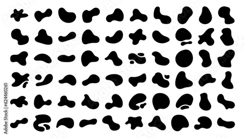 Abstract organic black fluid blobs irregular shapes set of collection for speech bubbles. Liquid shapes, round abstract elements. Simple blotch water forms. Vector illustration on white bg.