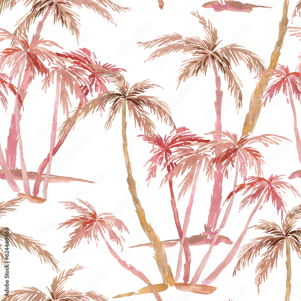 Palm tree seamless pattern, exotic tropical sunset beach paradise repeating background. Pink jungle hawaii design, fabric, fashion, textile, surface, wallpaper, wrapping paper