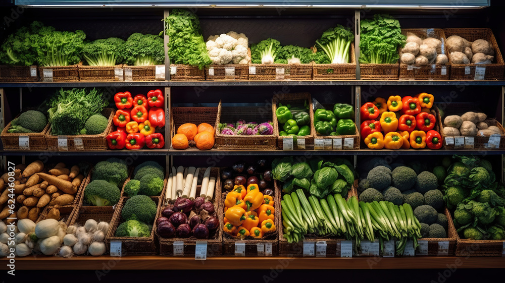Supermarket showcase with wooden boxes of vegetables. Organic fresh broccoli, paprika, lettuce, onion. Generative AI