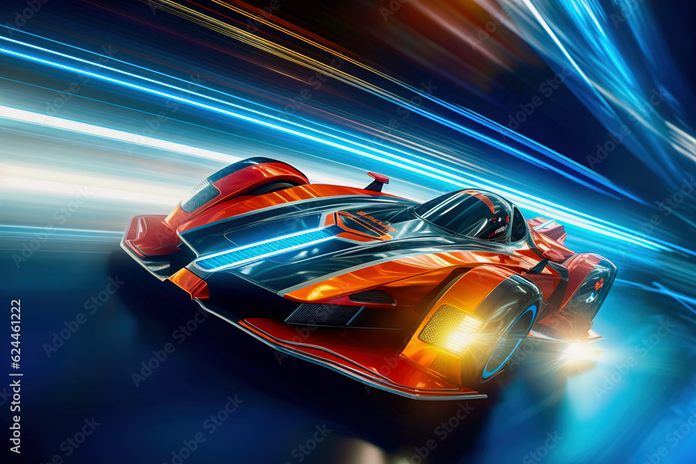 Speeding Sports Car On Neon Highway. Powerful acceleration of a supercar on a night track with colorful lights and trails. Speeding Sports Car On Neon Highway. Powerful acceleration of a supercar on a night track with colorful lights and trails.