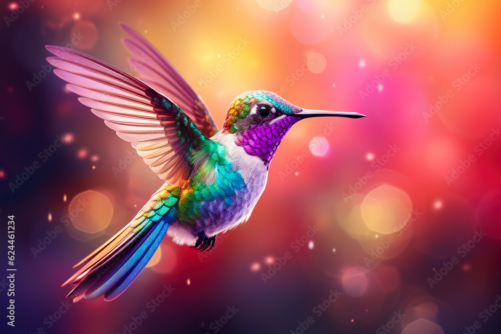 Fototapeta premium Flying hummingbird with colorful background. Small colorful bird in flight. 