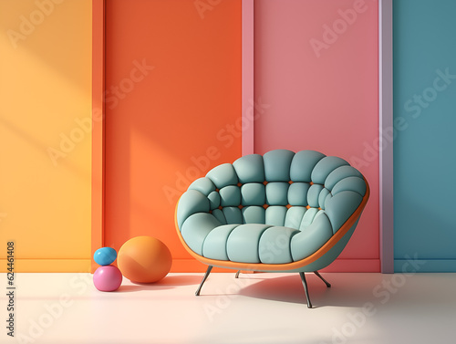 Interior colorful armchair furniture on empty wall kids living room decoration