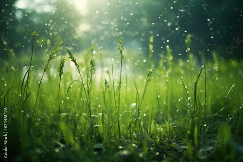 Summer rain on a green meadow in sunlight